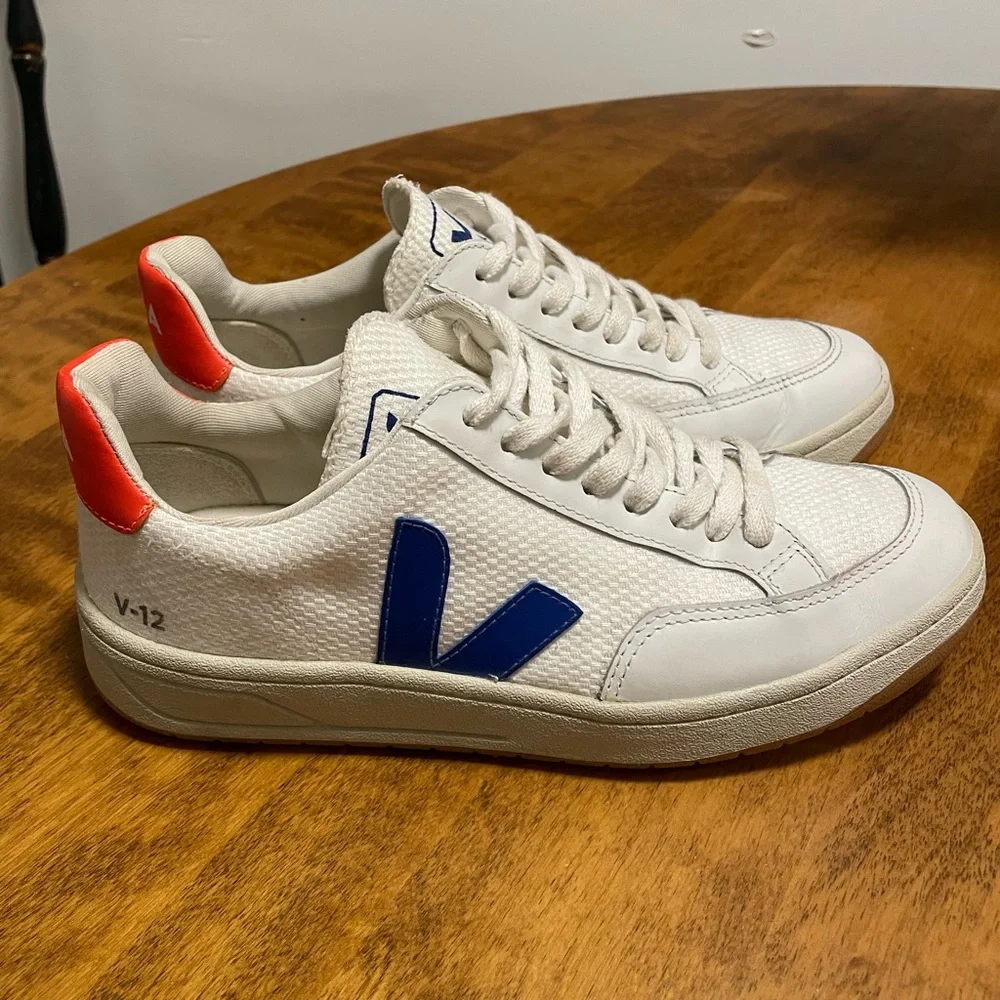 Veja Women’s V-12 White, Blue, and Orange Sneakers - Picture 2 of 9